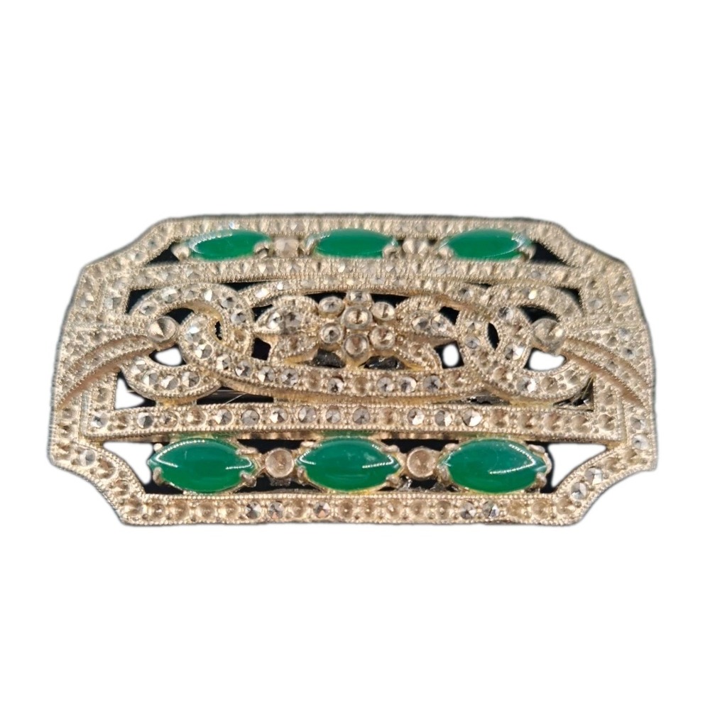 Antique Vintage Art Deco Jade Marcasite Pin Brooch Silver Tone Rhinestones